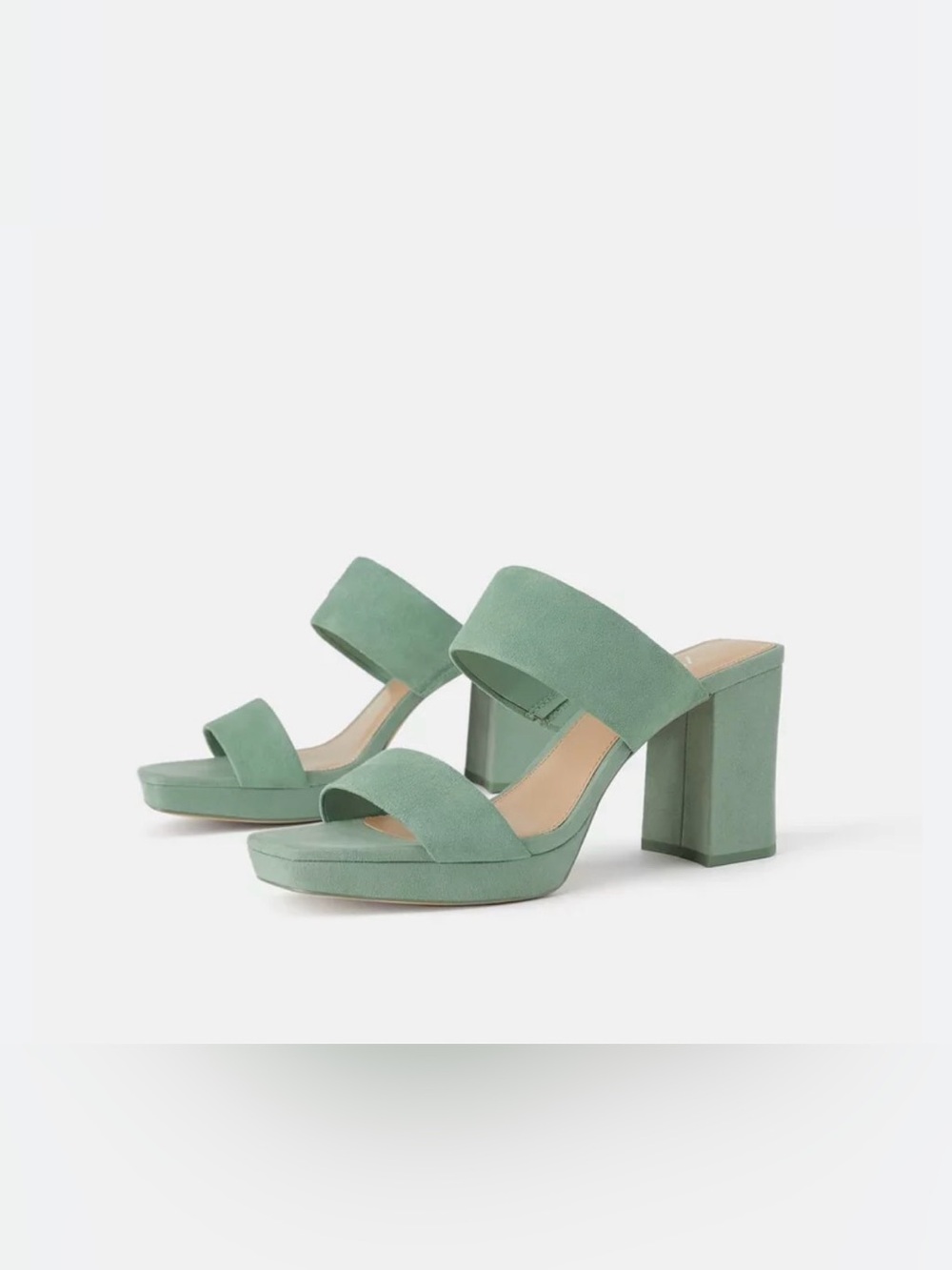 Zara Mint Green Double Band Block Heel Mules Sandals Heels Shoes NWOB